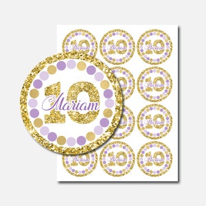 10th Birthday Tags Cupcake Toppers Printable Girl 10th Birthday Round Tags Personalized Purple Gold Glitter Party Decoration Party Circles