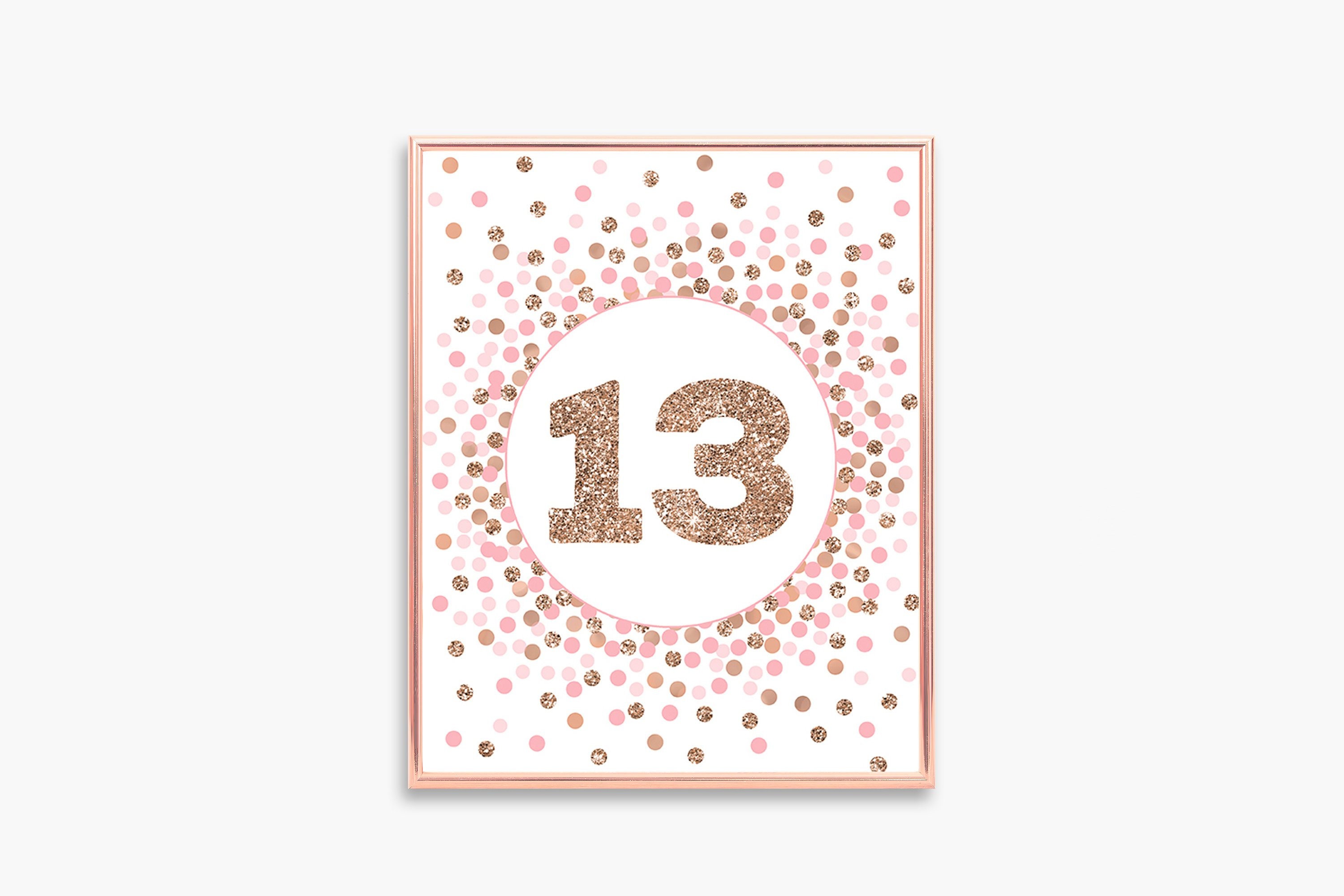 数字 13 サイン 印刷可能 ピンク ローズ ゴールド 紙吹雪 13 歳
