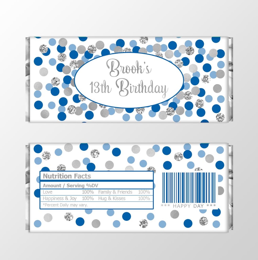 Birthday Candy Bar Wrappers Royal Blue Silver Birthday Favors ...