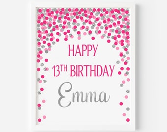 Happy birthday sign Hot pink and silver birthday decorations Happy birthday poster Bright pink and gray happy birthday custom sign printable