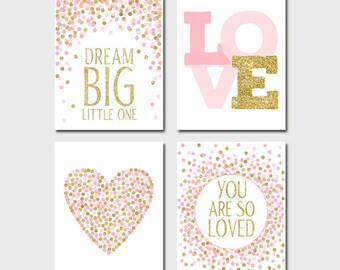 Set of 4 Prints for Baby Girl Nursery Dream Big Little One Print You Are So Loved Print Pink Gold Nursery Decor Girl Birthday Decorations