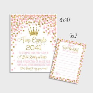 Tijdcapsule bord- en berichtkaarten prinses roze en gouden confetti 1e verjaardag afdrukbare timecapsule