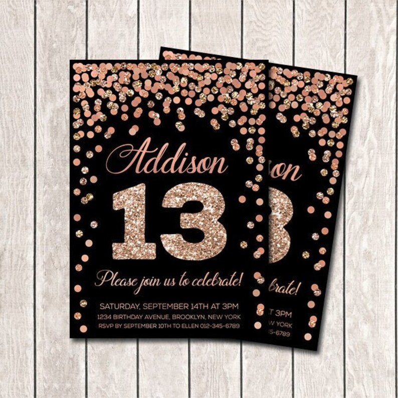 girl-13th-birthday-invitation-personalized-rose-gold-confetti-etsy