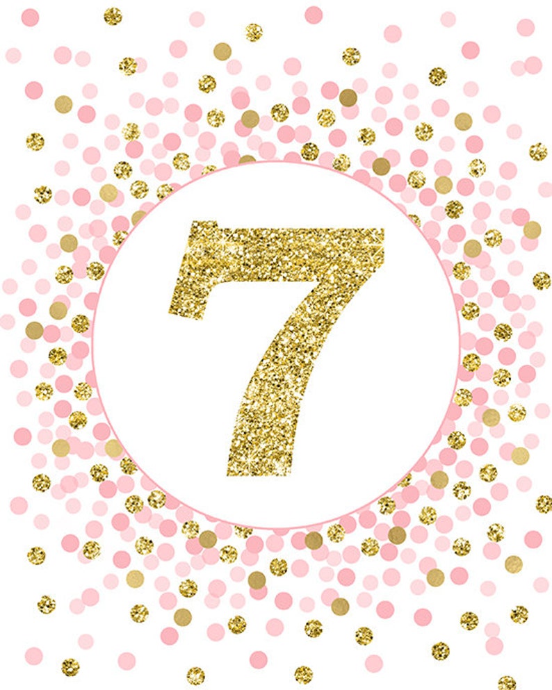 Number 7 sign printable 7th Birthday party decorations Pink and gold 7th birthday décor Gold number 7 print image 2