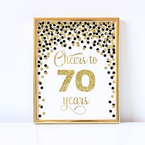 Letrero imprimible con purpurina dorada "Cheers to 70 years" Letrero de 70 cumpleaños Decoraciones para 70 cumpleaños Decoración con confeti dorado y negro Letrero de 70 aniversario