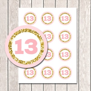 Pink and gold 13th birthday tags printable Round gift bag tags Favor tags 13th birthday girl decorations