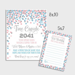 Jongen/meisje tweeling 1e verjaardag tijdcapsule bord en kaarten Roze blauw zilveren tijdcapsule Gepersonaliseerde tijdcapsule bord en wensenkaarten