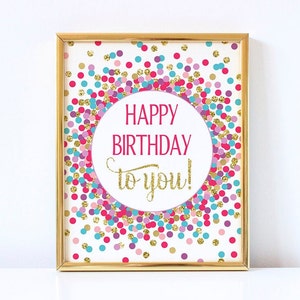 Feliz cumpleaños a usted firma imprimible decoraciones de oro verde azulado púrpura rosa brillante Impresión de feliz cumpleaños Cartel de feliz cumpleaños