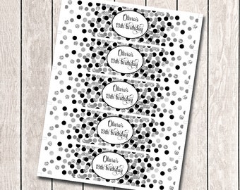 13th Birthday Party Water Bottle Labels Personalized Party Supplies Silver Black Decorations Any Age
