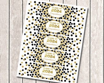 Graduation water bottle labels Black and gold graduation decorations Class of 2024 party Printable graduation water bottle wrapper