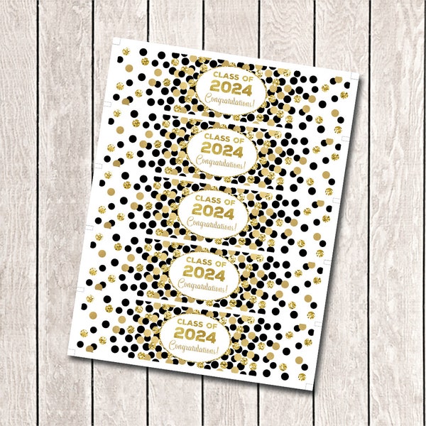 Graduation water bottle labels Black and gold graduation decorations Class of 2024 party Printable graduation water bottle wrapper