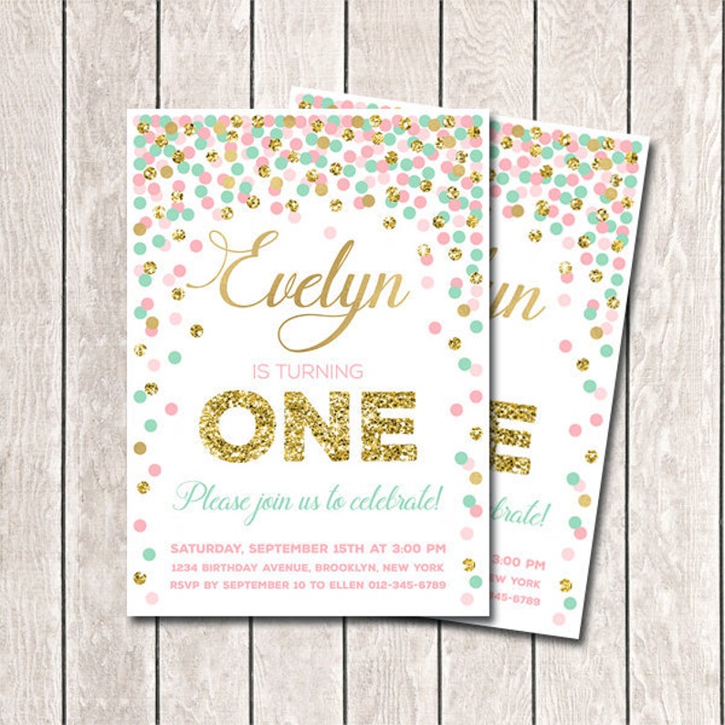 Pink mint gold invitations for girl 1st Birthday invitations printable Confetti invitation Customizable invitations image 1