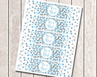 Baby Boy Shower Water Bottle Wrappers Printable It's A Boy Water Bottle Labels Blue And Silver Confetti Water Bottle Labels Confetti Decor