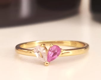 Two Birthstone Heart Ring: 14k Gold Filled Personalized Jewelry