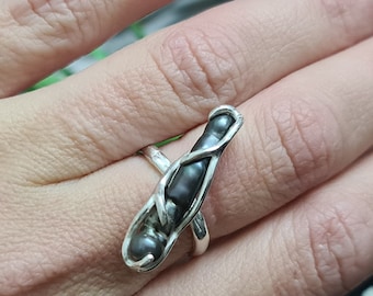 Black Baroque Pearl Ring: Handmade Sterling Silver Art Ring