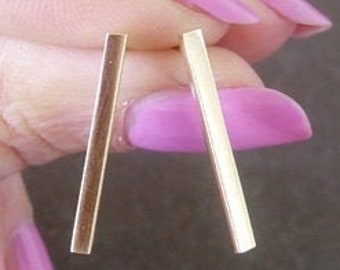 Gold Filled Bar Stud Earrings: Minimalist Square Dangle, 0.8&quot;