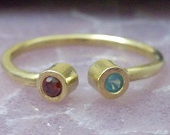 Two stone ring, gemstone ring, dual birthstone ring, couples ring, gold ring ,double birthstone ring, stacking ring.