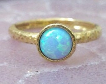 Blue opal ring, gold ring, gemstone ring, opal jewelry, blue stone ring, wedding ring, bezel setting, small round ring