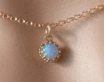 Lab Grown Opal Necklace: 14k Gold Filled Chain, October Birthstone