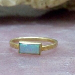 Rectangle opal ring, gold ring, stack ring, blue opal, gemstone ring ,bezel set, october birthstone