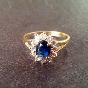 Saffier verlovingsring: 14k gold filled, prinses Diana-stijl