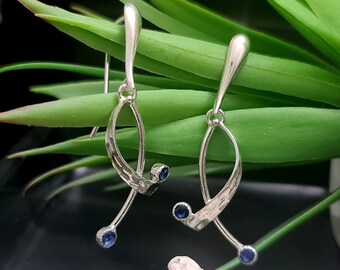 Sterling Silver Drop Earrings: Lab Grown Sapphire Dangle Loop