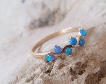 Blue Opal Ring - Blue Opals Ring - Opal Jewelry - Romantic Gift - Everyday Ring - Hammered Ring- Gold Opal Ring - Gemstone Ring