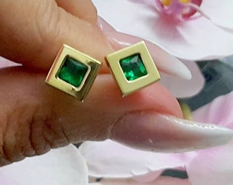 Emerald Stud Earrings: 14k Gold Filled Square Posts