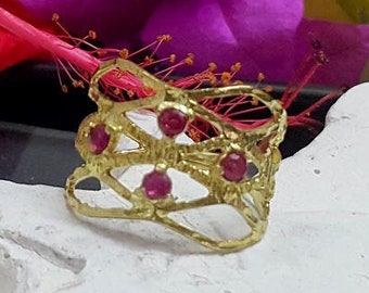 Gold Ruby Ring: Prong Set, Hammered Band, July Birthstone
