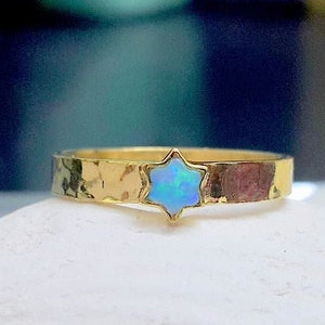 Opal Star Ring, Gold Star of David Ring, Simple  Jewelry, Kabbalah Ring, Blue Opal Ring, Hammered Band, Pesah Gift, Judaica Ring