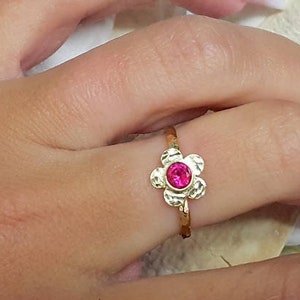 Gold Flower Ring: Lab Grown Ruby Birthstone Stacking Ring