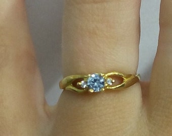 Aquamarine ring, gold ring, triple ring, round ring, tiny ring, simple wedding, promise ring, prong set ring, delicate ring