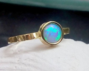 Blue opal ring, gold ring, gemstone ring, opal jewelry, blue stone ring, wedding ring, bezel setting, small round ring