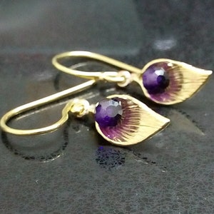 Purple earrings, Amethyst earrings, February birthstone, Calla earrings, Lily drop earrings, Gold dangle earrings