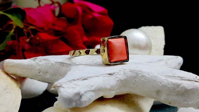 Coral Ring: Square Nacre Gemstone, 14k Gold Filled - Etsy