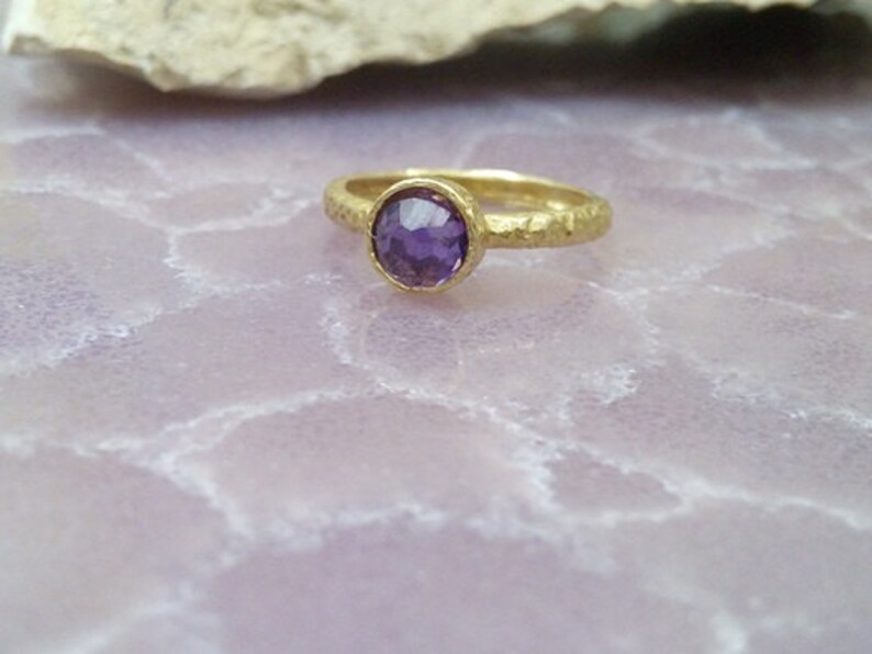 Small purple ring ,bezel ring, tiny amethyst ring, birthstone ring, gold ring, gemstone ring, delicate texture ring image 2