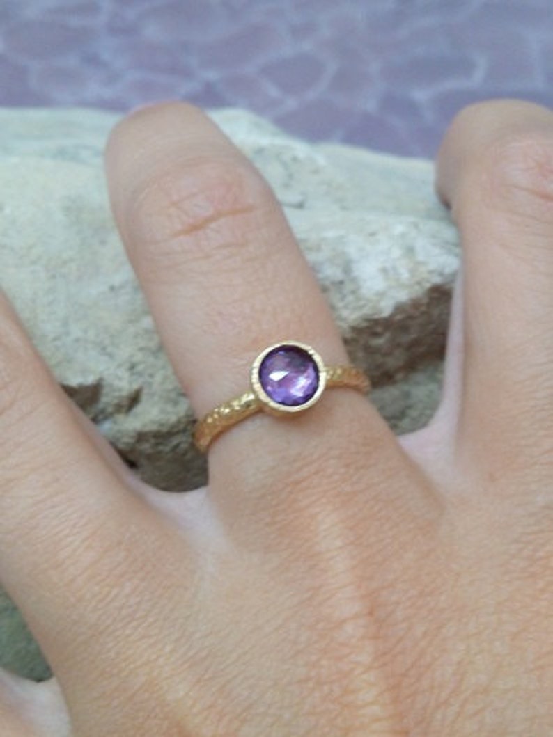 Small purple ring ,bezel ring, tiny amethyst ring, birthstone ring, gold ring, gemstone ring, delicate texture ring image 3