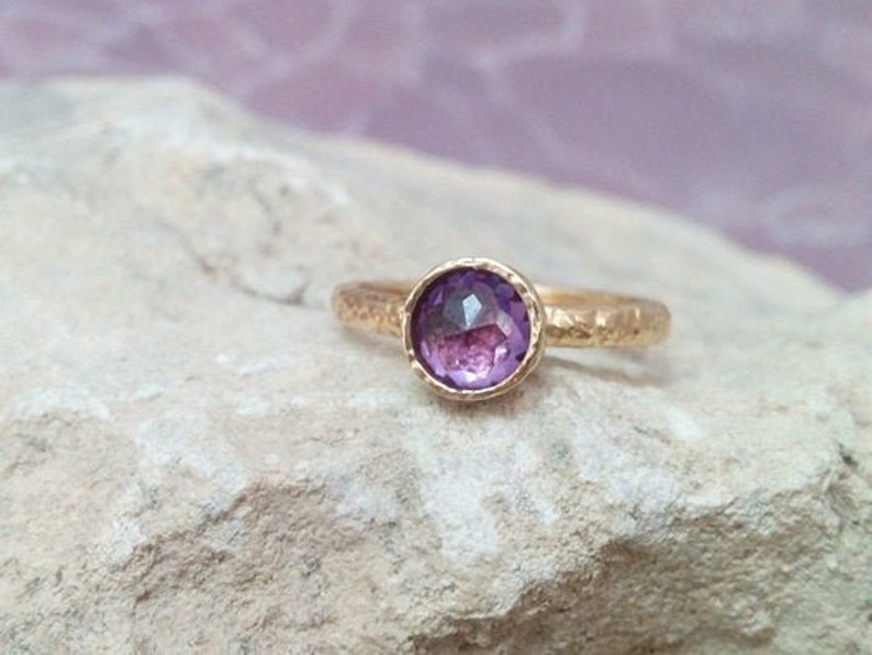 Small purple ring ,bezel ring, tiny amethyst ring, birthstone ring, gold ring, gemstone ring, delicate texture ring image 1