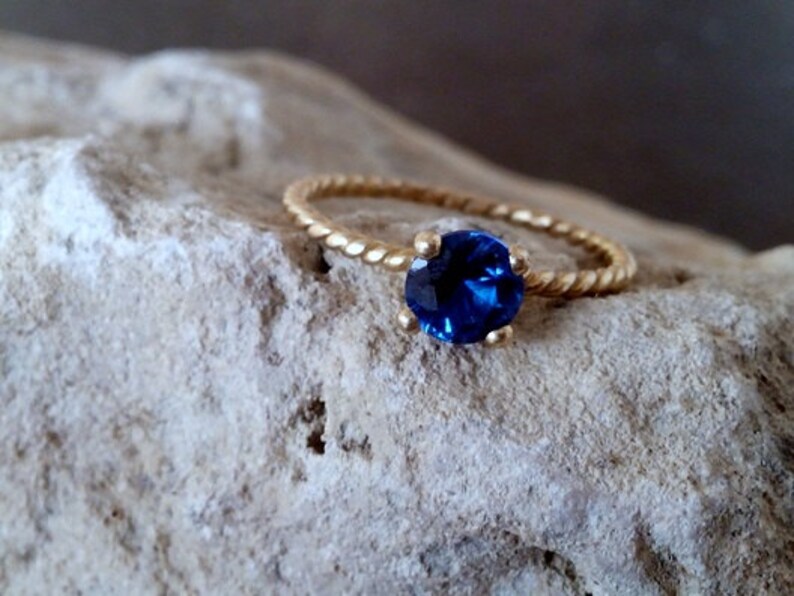 Blue Sapphire Ring Deep blue stone Gold Ring Gemstone Ring September Birthstone-Round prong ring image 3