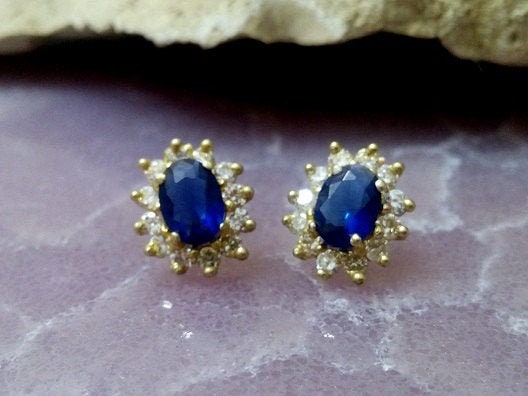 Art Deco Lab Sapphire Stud Earrings: 14k Gold Filled Bridal Jewelry