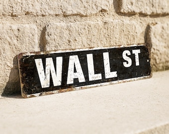 Vintage Wall St Metal Sign, Rustic NYC Street Plaque, Stock Market Decor