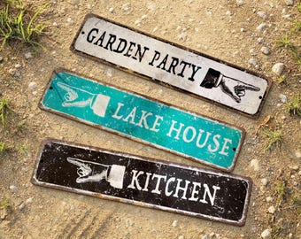 Personalized Directional Sign, Vintage Metal Wayfinding Plaque, Pointing Hand Decor