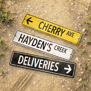 Set of three vintage style metal street signs in yellow white and black with weathered edges and custom text.