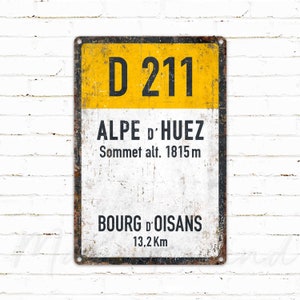 D211, Alpe d'Huez, Vintage Stijl Fietsen Road Metal Sign, Cadeau voor fietser, Collar Cycling Sign