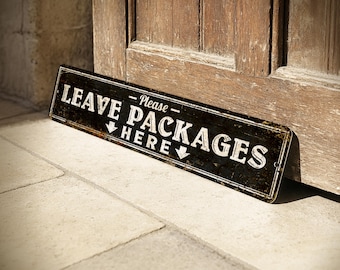 Rustic Metal Leave Packages Here Sign for Porch – Weatherproof Delivery Instruction Plaque for Front Door Decor