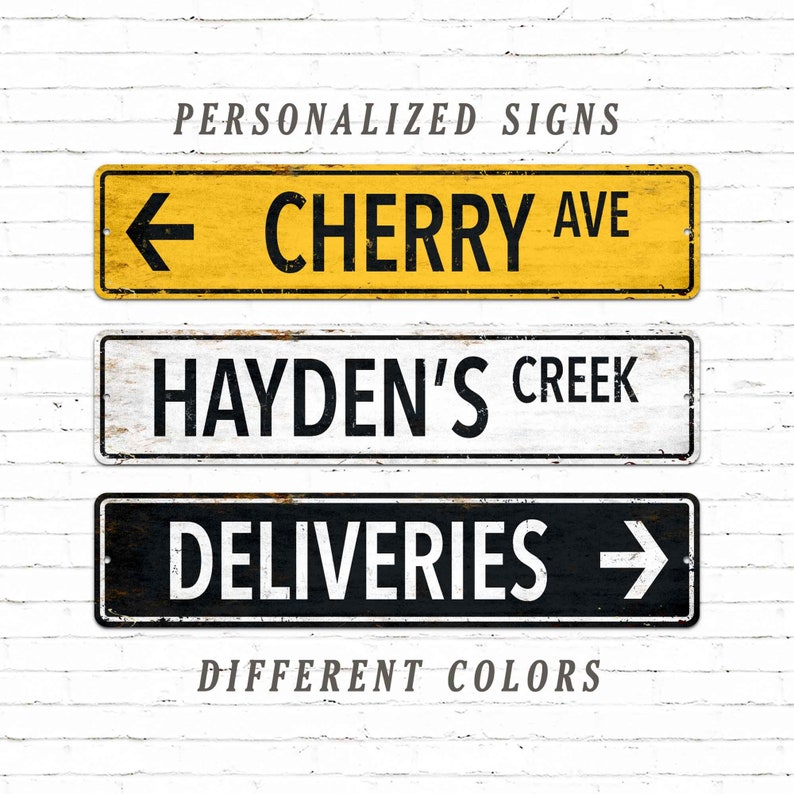 Personalized rectangular metal plaque featuring directional arrow and distressed rustic finish for wall art.