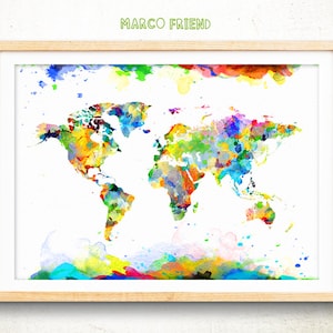 World Map Art Print, Watercolor Style, Home Decor -mf366