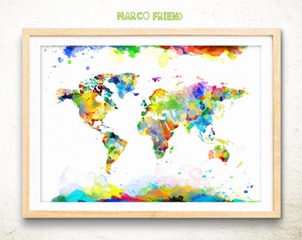 World Map Art Print, Watercolor Style, Home Decor -mf366