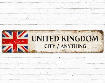 United Kingdom Flag Metal Sign, Custom Country Rustic Sign, Personalized City Name Plate