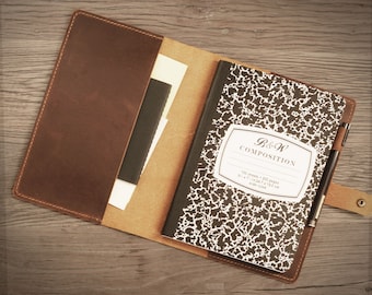 Personalized Distressed Leather Composition Notebook Cover; Gift For Student, Writer, Brown, 307C